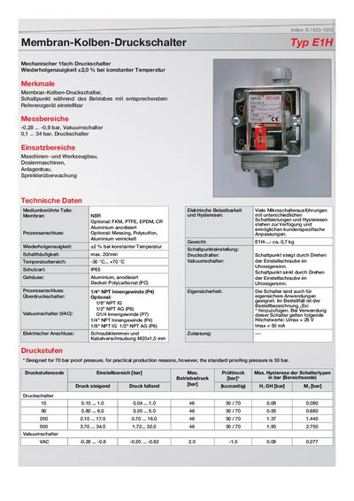 Barksdale E1H Membrane Piston Pressure Switch Data Sheet