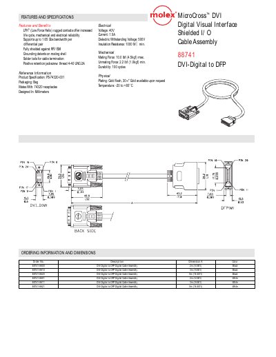 Molex 88741 DVI Digital Visual Interface Shielded I/O Cable Assembly Features and Specifications - cover page