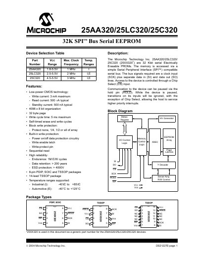 Microchip 25AA320/25LC320/25C320 Serial EEPROM Device Selection Table - cover page