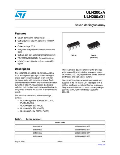 STMicroelectronics ULN200xA / ULN200xD1 Datasheet