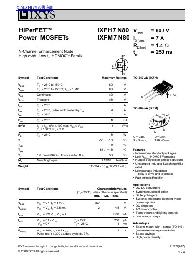 IXYS IXFH7N80/IXFM7N80 HiPerFET Power MOSFET Datasheet - cover page