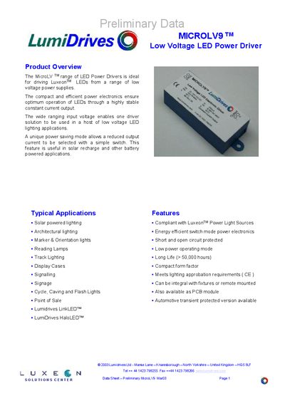 Lumidrives MICROLV9 Low Voltage LED Power Driver Preliminary Data Sheet - cover page