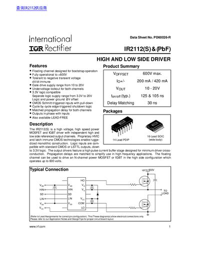 International Rectifier IR2112(S) & (PbF) High and Low Side Driver Datasheet - cover page