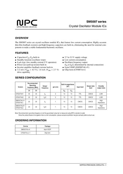 Nippon Precision Circuits SM5007 Crystal Oscillator Module ICs Datasheet - cover page