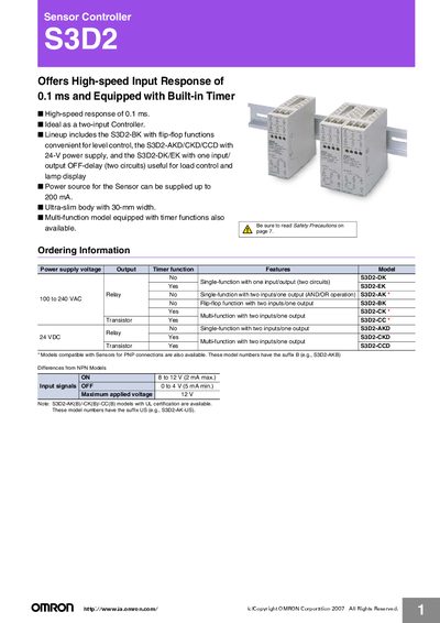 OMRON S3D2 Sensor Controller Manual - cover page