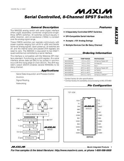 Maxim MAX335 Serial Controlled 8-Channel SPST Switch Datasheet - cover page