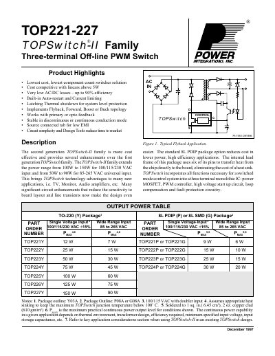Power Integrations TOP221-227 TOPSwitch-II Family Three-terminal Off-line PWM Switch Datasheet - cover page
