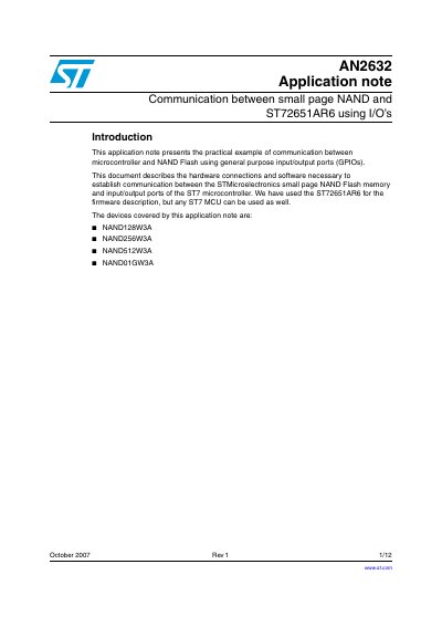 STMicroelectronics AN2632 Application Note: Communication with Small Page NAND Flash - cover page