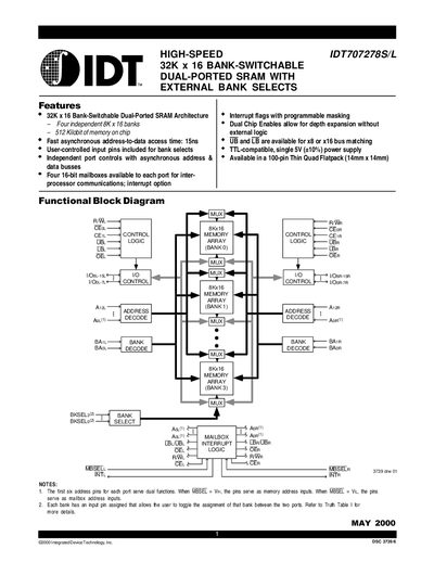 Integrated Device Technology IDT707278S/L Datasheet - cover page
