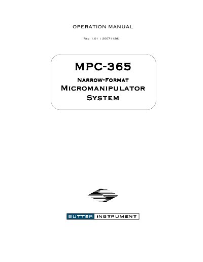 Sutter MPC-365 Narrow-Format Micromanipulator System Operation Manual - cover page