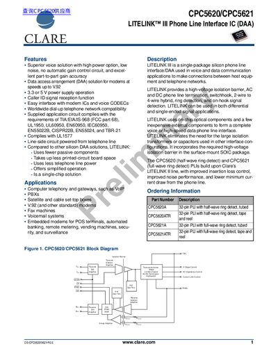 Clare CPC5620/CPC5621 LITELINK III Phone Line Interface IC Datasheet - cover page