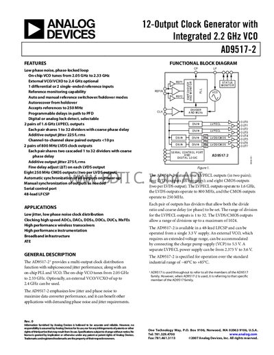 Analog Devices AD9517-2 Clock Generator Datasheet - cover page