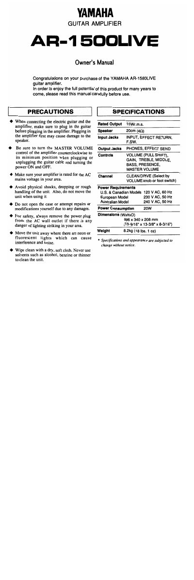 Yamaha AR-1500LIVE Guitar Amplifier Owner's Manual - cover page