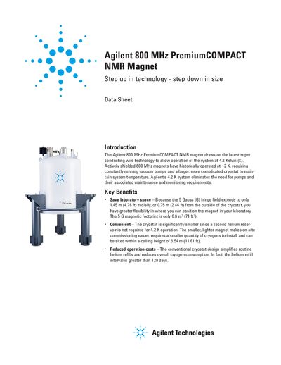 Agilent 800 MHz PremiumCOMPACT NMR Magnet Datasheet - cover page