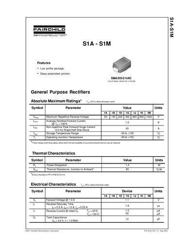Fairchild S1A-S1M General Purpose Rectifiers Datasheet - cover page