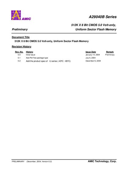 AMIC A29040B Series 512K x 8 Bit CMOS Flash Memory Datasheet