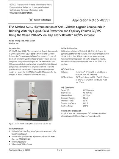 Varian 210-MS Ion Trap GC/MS Application Note for EPA Method 525.2 - cover page