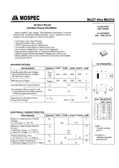 MOSPEC MU27-MU210 Ultrafast Power Rectifiers Datasheet - cover page