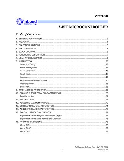Winbond W77E58 8-bit Microcontroller User Manual - cover page