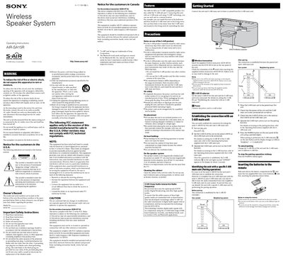 Sony AIR‑SA15R Wireless Speaker System User Manual - cover page