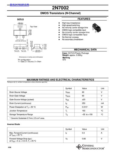 General Semiconductor 2N7002 DMOS Transistor Datasheet - cover page
