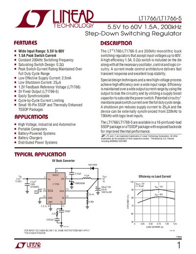 Linear Technology LT1766/LT1766-5 Step-Down Switching Regulator Datasheet - cover page