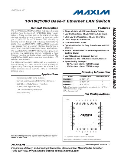 Maxim MAX4890/MAX4891/MAX4892 Ethernet LAN Switch Datasheet