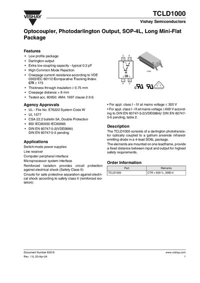VISHAY TCLD1000 Optocoupler Photodarlington Output SOP-4L Long Mini-Flat handbook - cover page