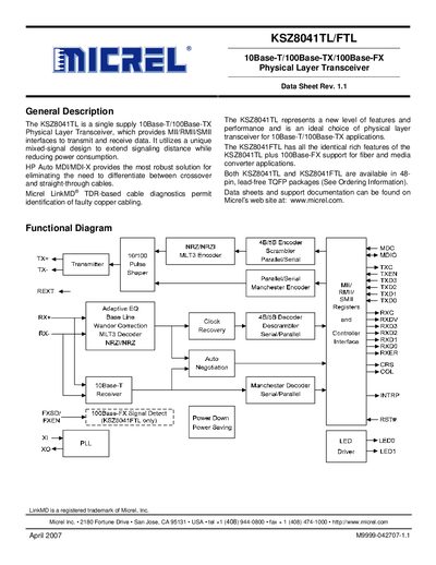 MICREL KSZ8041TL/FTL 10Base-T/100Base-TX/100Base-FX Physical Layer Transceiver Data Sheet  - cover page