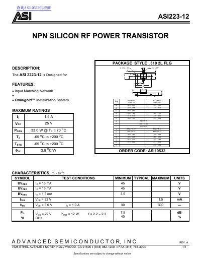 Advanced Semiconductor ASI223-12 RF Power Transistor Datasheet - cover page