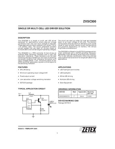 Zetex ZXSC300 LED Driver Datasheet - cover page