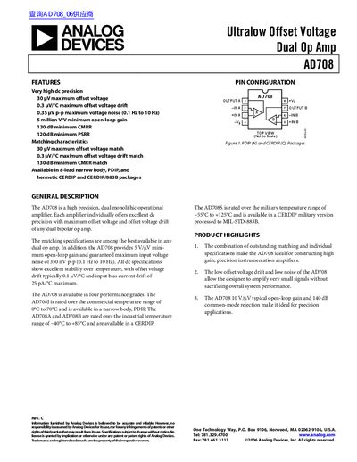 Analog Devices AD708 Ultralow Offset Voltage Dual Op Amp Datasheet