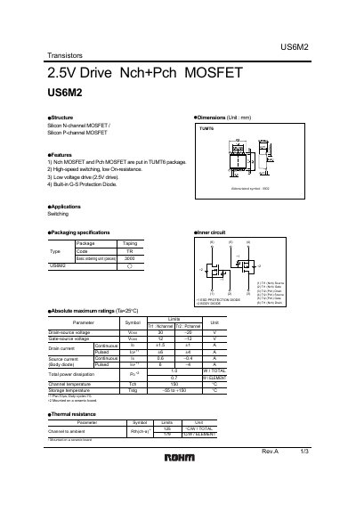 Rohm US6M2 N‑Channel/P‑Channel MOSFET Datasheet - cover page
