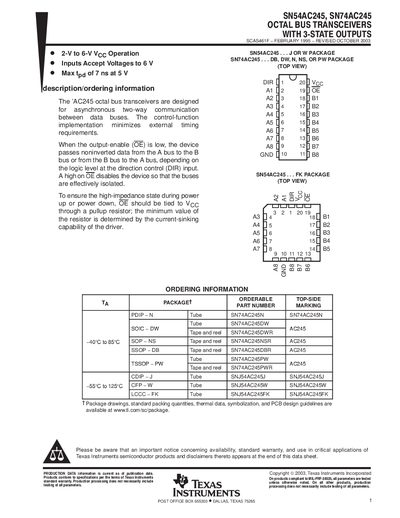 Texas Instruments SN54AC245 SN74AC245 Octal Bus Transceiver Datasheet - cover page