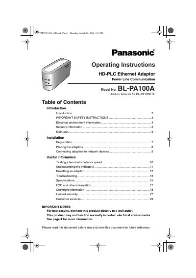Panasonic BL-PA100A HD-PLC Ethernet Adaptor Operating Instructions - cover page