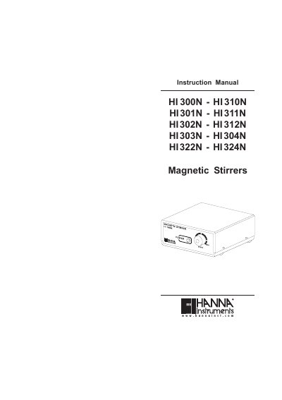 HANNA HI 300N - HI 310N HI301N - HI311N HI302N - HI 312N HI303N - HI304N HI322N - HI324N Magnetic Stirrers Instruction Manual - cover page