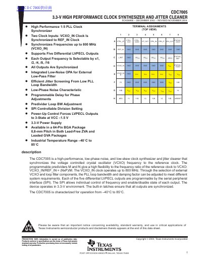 Texas Instruments CDC7005 High-Performance 1:5 PLL Clock Synchronizer Datasheet - cover page