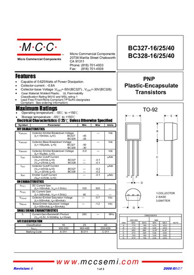Micro Commercial Components BC327-16/25/40 PNP Transistor Datasheet - cover page