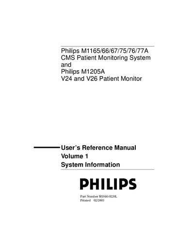 Philips M1165/66/67/75/76/77A and M1205A Patient Monitoring System User Manual - cover page