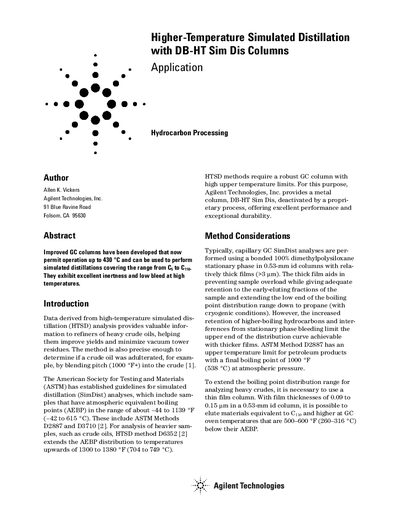 Agilent DB-HT Sim Dis Column Product Leaflet - cover page