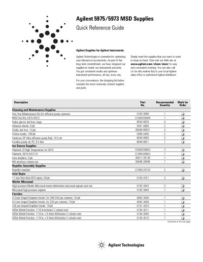 Agilent 5975/5973 MSD Supplies Quick Reference Guide