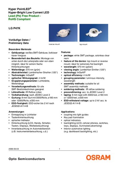 OSRAM LG P47K LED Datasheet - cover page