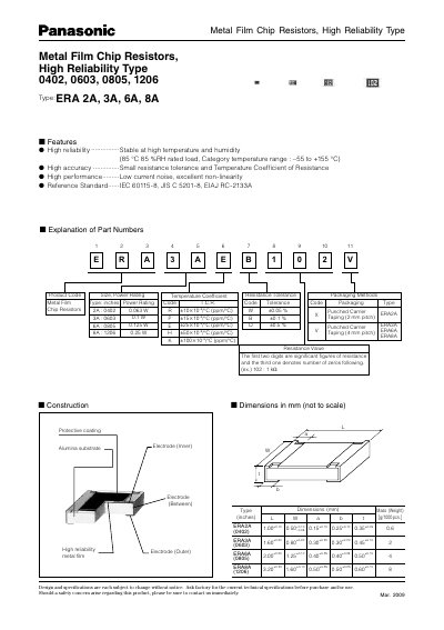 PANASONIC Metal Film Chip Resistors High Reliability Type 0402 0603 0805 1206 Type:ERA 2A 3A 6A 8A - cover page