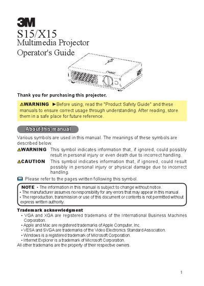 3M S15/X15 Multimedia Projector Operator's Guide - cover page