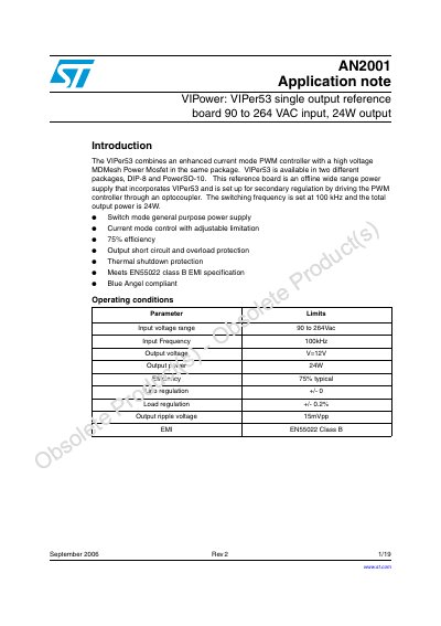STMicroelectronics AN2001 VIPer53 Reference Board Application Note - cover page