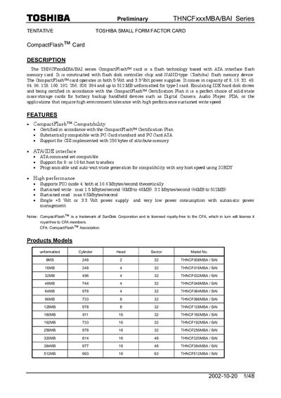 Toshiba THNCFxxxMBA/BAI Series CompactFlash Card Datasheet - cover page
