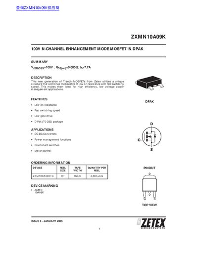 Zetex ZXMN10A09K 100V N-Channel Enhancement Mode MOSFET Datasheet - cover page