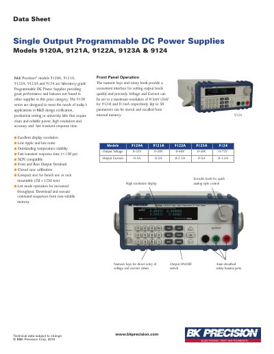 B&K Precision 9120A/9121A/9122A/9123A/9124 Programmable DC Power Supplies Datasheet - cover page