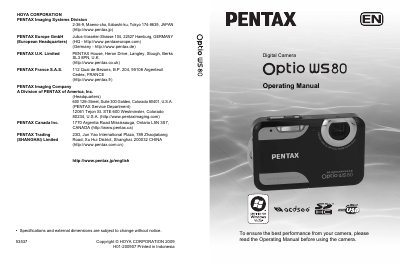 Pentax Optio WS80 Digital Camera Operating Manual - cover page