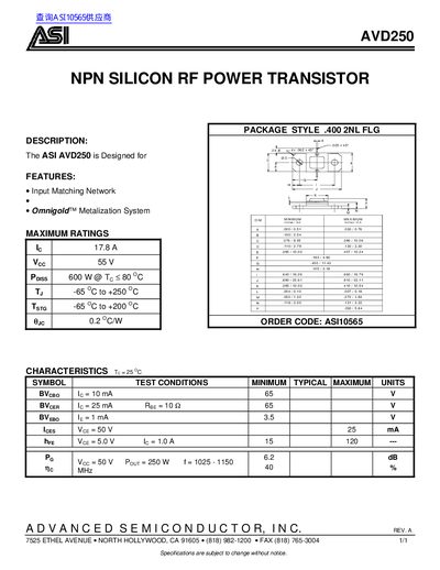 ASI AVD250 NPN Silicon RF Power Transistor Datasheet - cover page